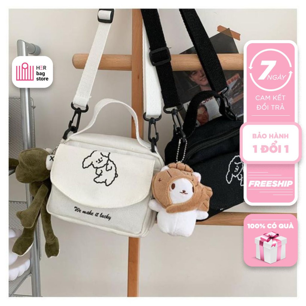 Túi canvas vải đeo chéo nữ Unisex giá rẻ hình chú cún ngộ nghĩnh đáng yêu phong cách Harajuku Nhật Bản Herbagstore