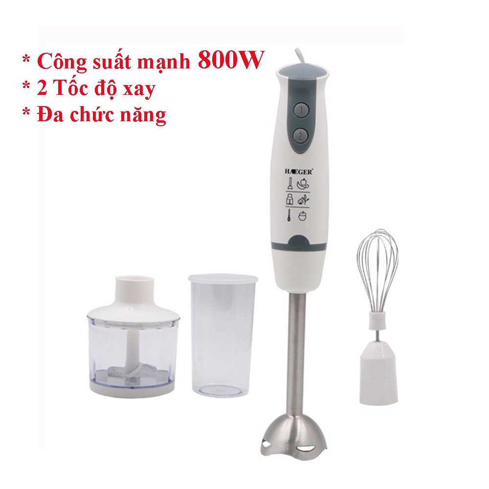 Máy xay sinh tố cầm tay đa năng Haeger 800W, 2 chế độ xay, có thể đánh trứng, xay thịt, xay thức ăn dặm cho bé