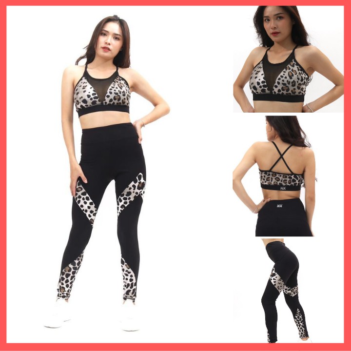 Đồ Tập Gym Nữ Set Bộ Quần Áo Yoga Thể Thao Thun Co Giãn Họa Tiết Da Beo Có Lót Ngực !