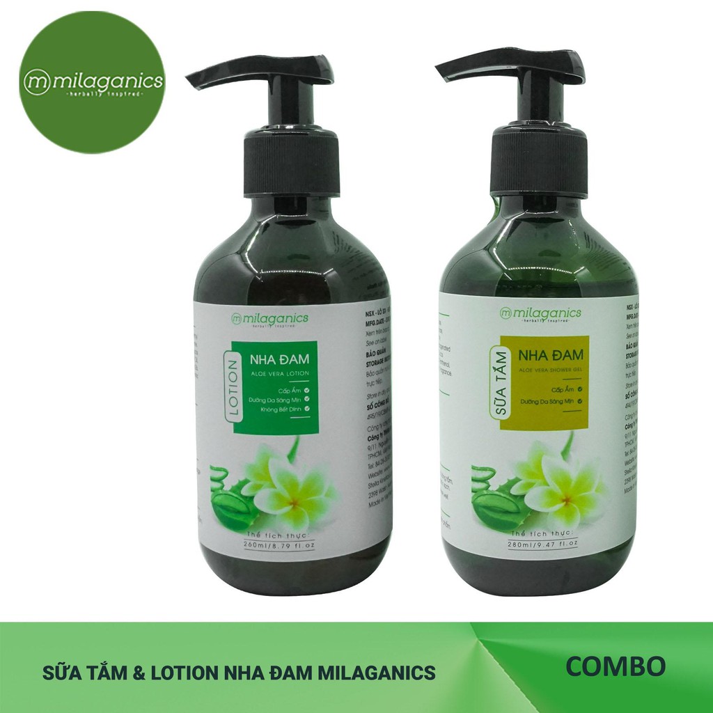 Bộ Dưỡng Da Nha Đam Milaganics: Sữa Tắm 280ml & Sữa Dưỡng Thể Body Lotion 260ml | BigBuy360 - bigbuy360.vn