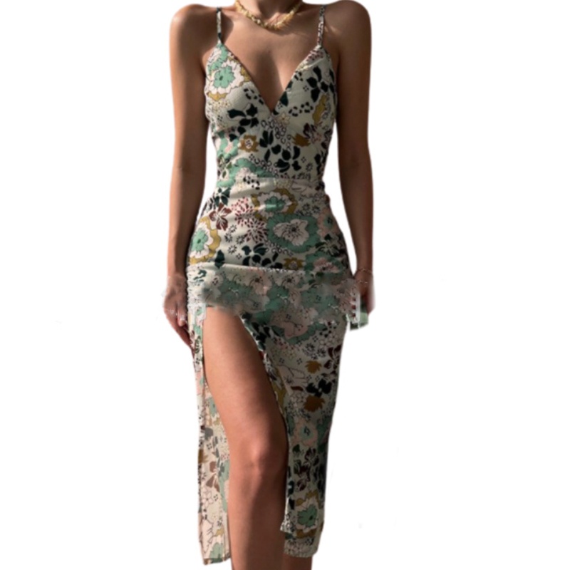 Đầm Midi Hai Dây Cổ Chữ V Hở Lưng Họa Tiết Hoa Xẻ Tà Gợi Cảm Cho Nữ