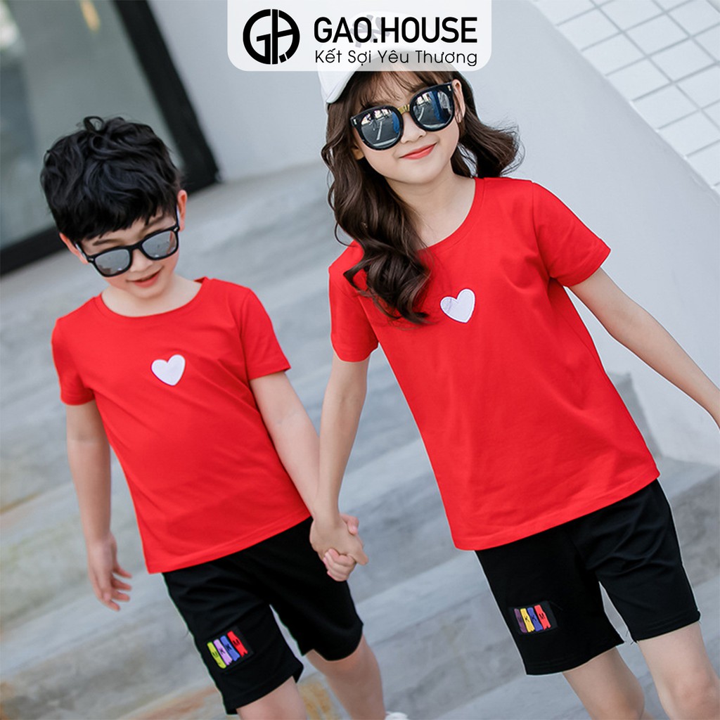 Áo gia đình Gạo House Cotton 4 chiều màu đỏ trái tim trắng đi biển, du lịch, dã ngoại