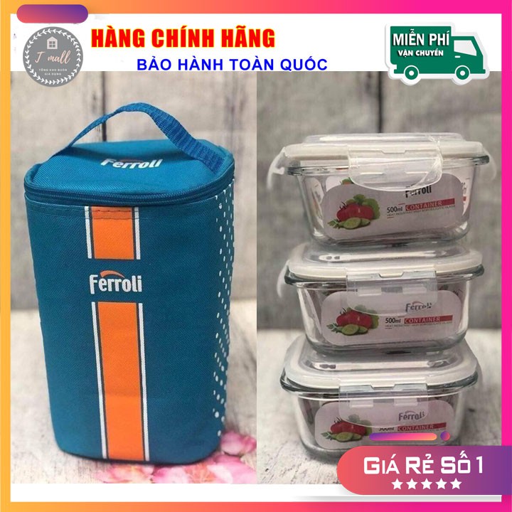 Bộ 3 thố thuỷ tinh Ferroli cao cấp hình vuông 500ml - TẶNG kèm túi giữ nhiệt, dùng được cho lò vi sóng