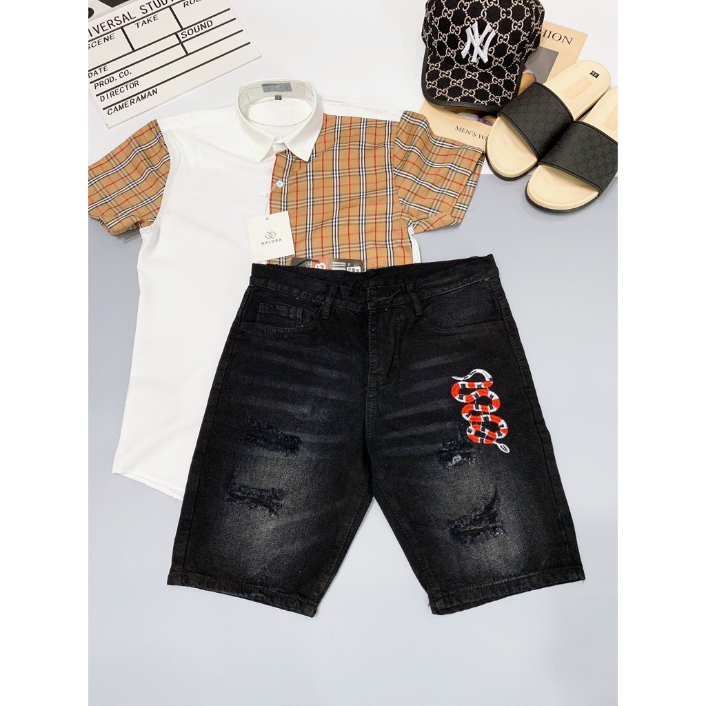 Quần short jean nam thêu rắn xanh độc lạ vải dày dặn co giãn bốn chiều cao cấp giá rẻ form regular 005