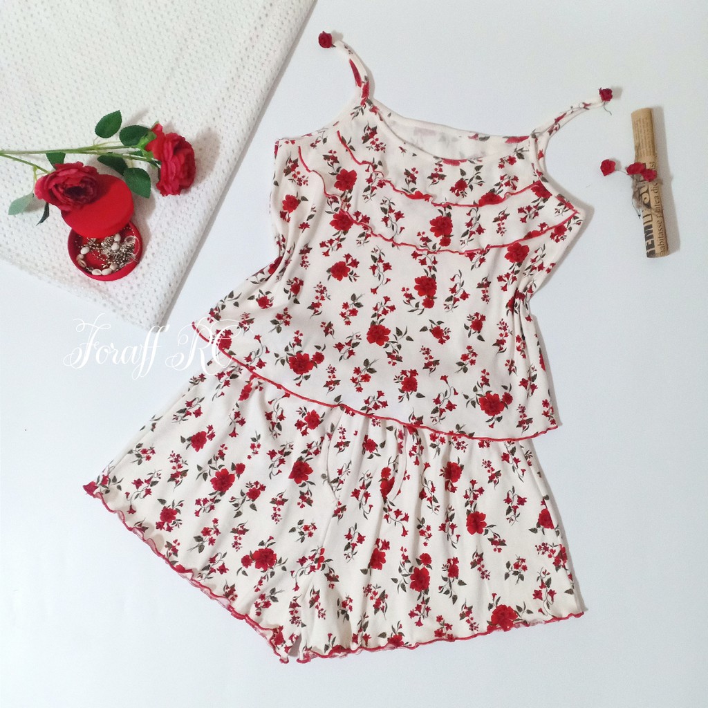 Đồ bộ ngủ hai dây RCB07, ngực nhún bèo 2 tầng, thun borip cotton 2c