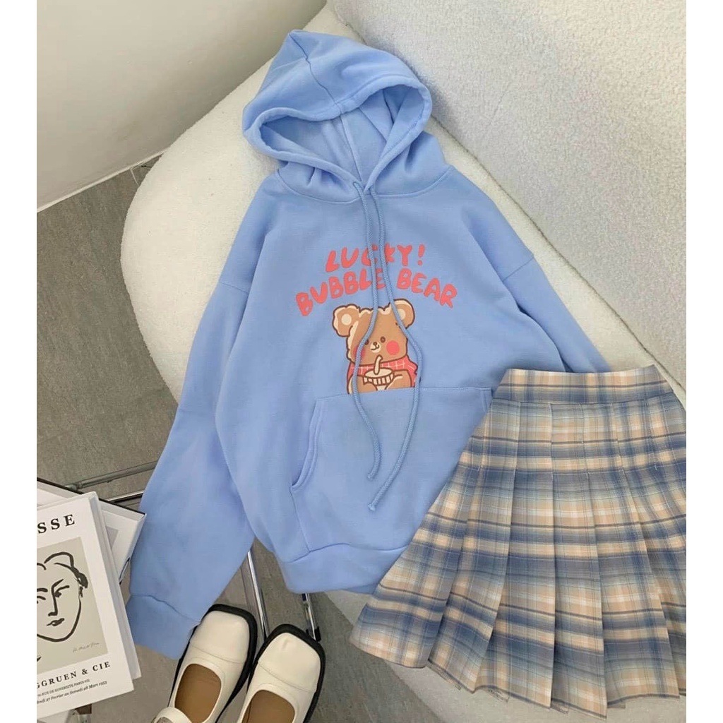 Set hoodie nữ, áo hoodie nữ có nón tông màu xanh trẻ trung kèm chân váy caro xếp ly dễ thương hàng cao cấp Diểm Shop | BigBuy360 - bigbuy360.vn