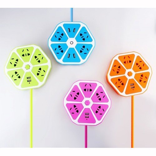 Ổ CẮM ĐIỆN ĐA NĂNG HÌNH TRÁI CAM LỤC GIÁC NHIỀU MÀU CÓ CÔNG TẮC GỒM 4 LỖ CẮM ĐIỆN VÀ 2 CỔNG USB, PHÍCH CẮM