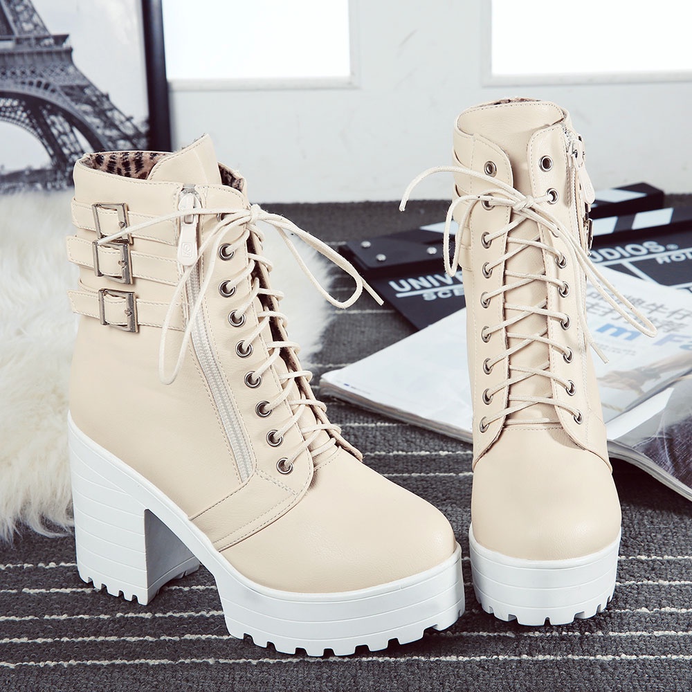 Giày Bốt Da Cao Gót Mũi Tròn Màu Trơn Có Dây Kéo Bên Hông Phong Cách Hàn Quốc Cho Nữ