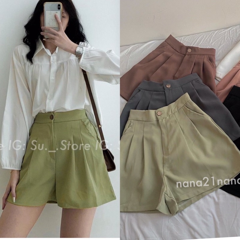 [Ảnh thật/Video]Quần short cạp cao NEW xếp li tôn dáng  Quần đùi lưng thun siêu co dãn