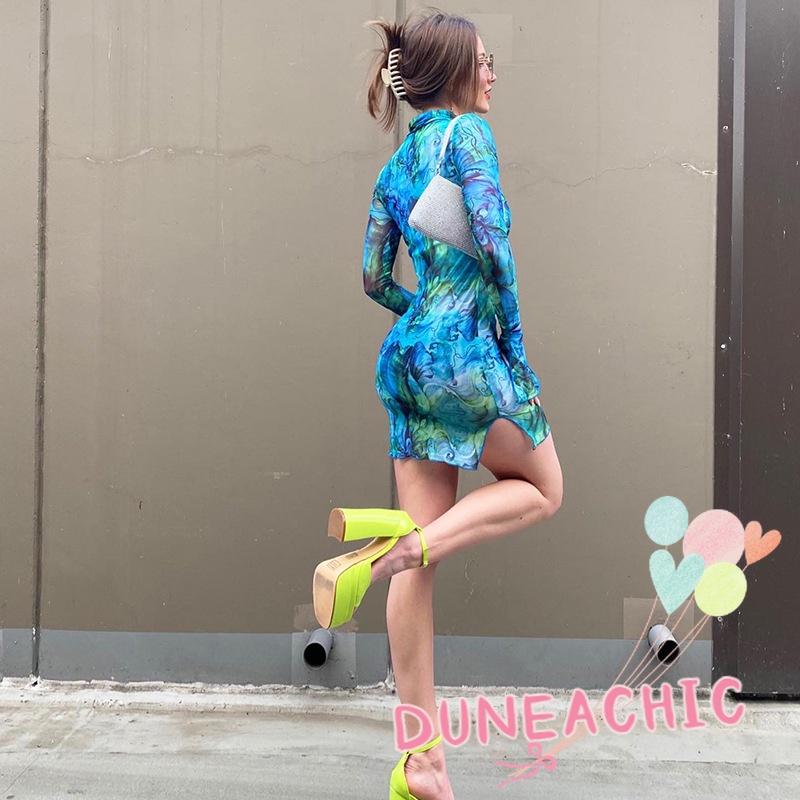 DUNEA Đầm Dài Tay Cổ Cao Phối Lưới In Họa Tiết Xinh Xắn Dành Cho Nữ