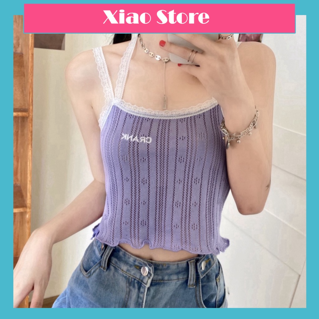 Áo croptop 2 dây ren ôm body thêu chữ CRANK nguyên liệu dệt kim thời thượng -ACN26 Xiaostore - chất cực đẹp- sang chảnh