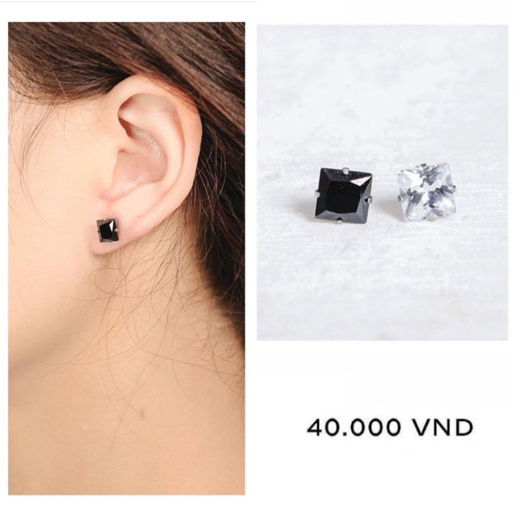 bông tai thép y tế titan ô vuông kim đen không dị ứng