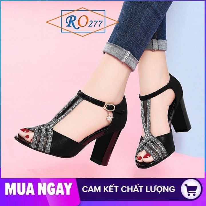 Giày cao gót nữ đẹp đế vuông 7cm hàng hiệu rosata hai màu đen tím ro277