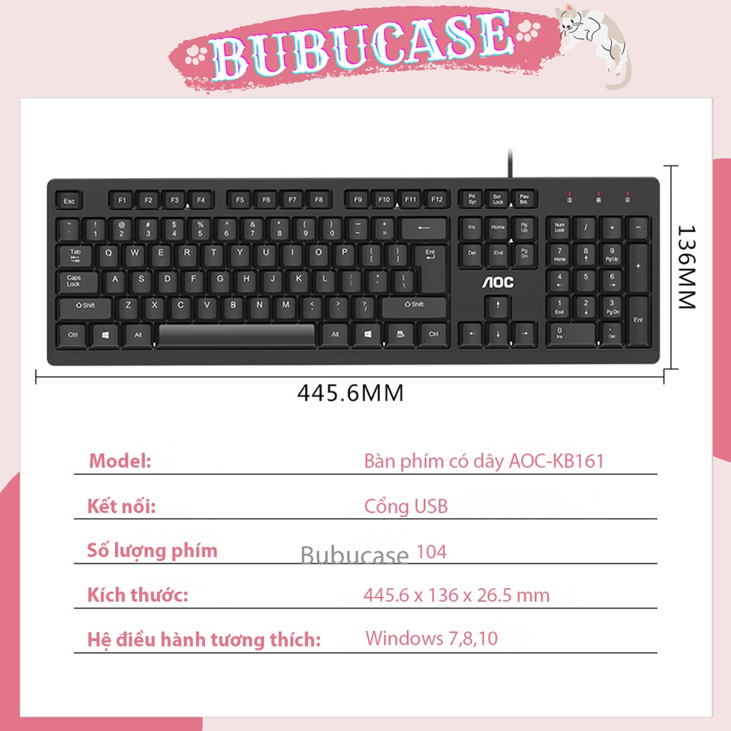 Bàn Phím Có Dây AOC KB161 Thiết Kế Cổ Điển - Phù Hợp Cho Làm Việc Văn Phòng, Gaming Giải Trí Cơ Bản, Đế Chống Trượt