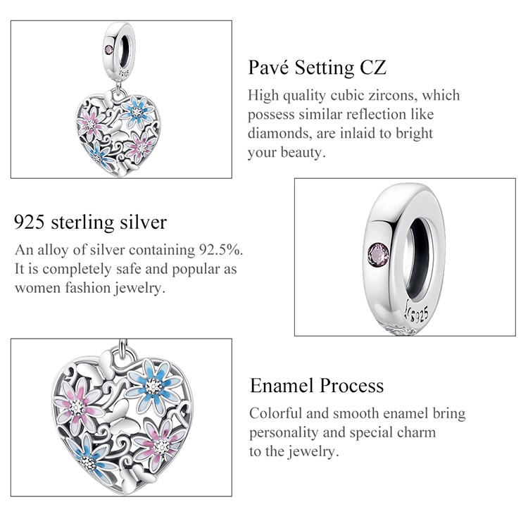 Hạt trang sức Bamoer SCC2062 bằng bạc sterling 925 hình trái tim Secret Garden phù hợp làm vòng tay thời trang DIY