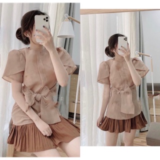 Set áo voan thắt nơ chân váy dập li