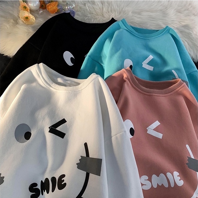 Áo thun ZHELIHANGFEI tay dài dáng rộng họa tiết in dễ phối đồ cho nữ