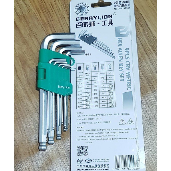 Bộ Công Cụ Vặn Đai Ốc Lục Giác Đầu Bi 9 Món Giá Nhựa Xanh 668