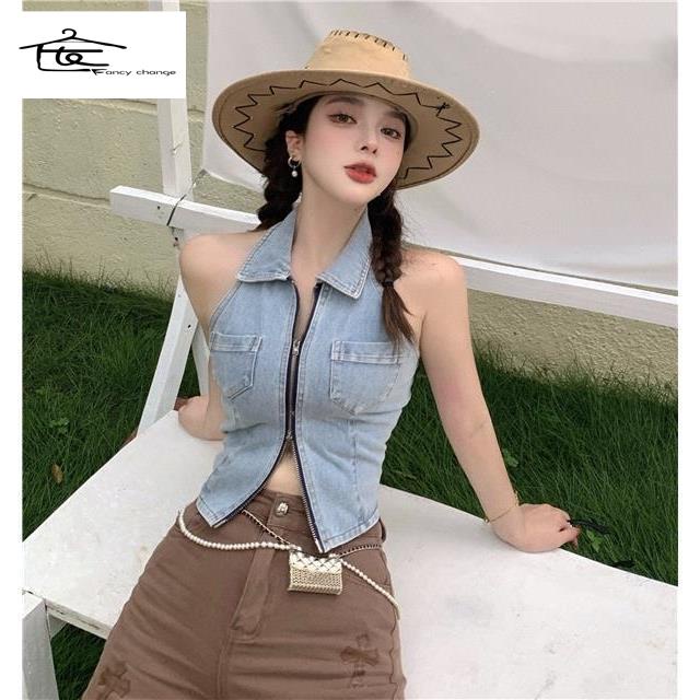 Hàng Có Sẵn Bán Chạy~Áo Denim Hai Dây Dáng Ngắn Có Khóa Kéo Phong Cách Mùa Hè Cho Nữ