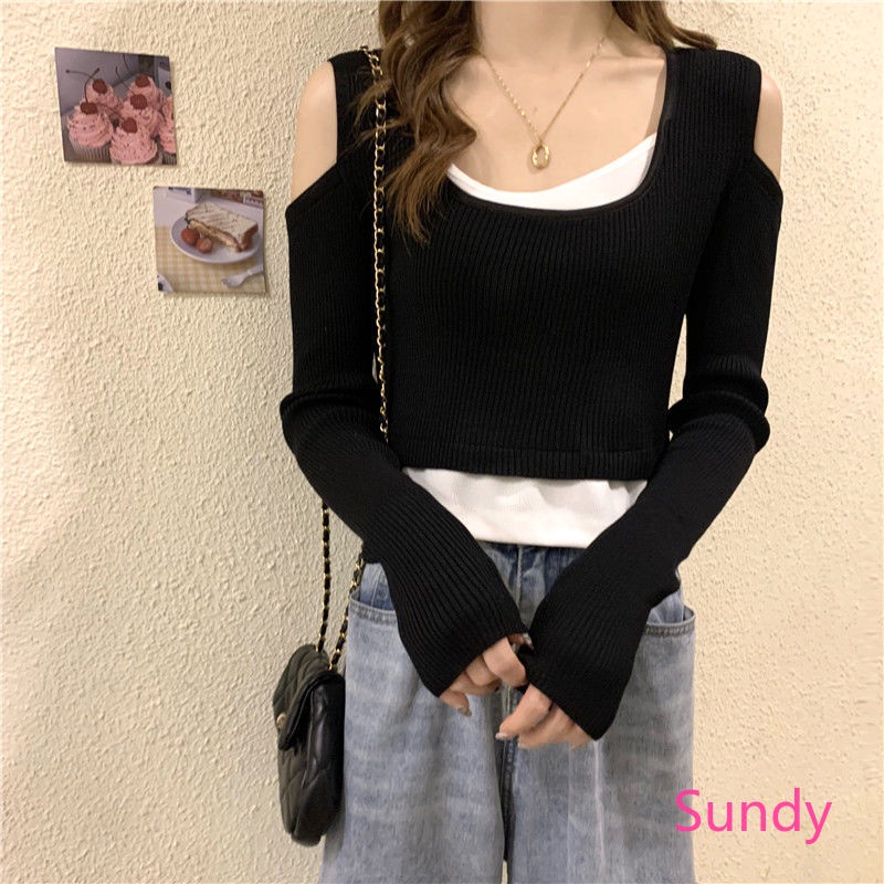 Áo dệt kim tay dài hở vai thời trang dành cho nữ