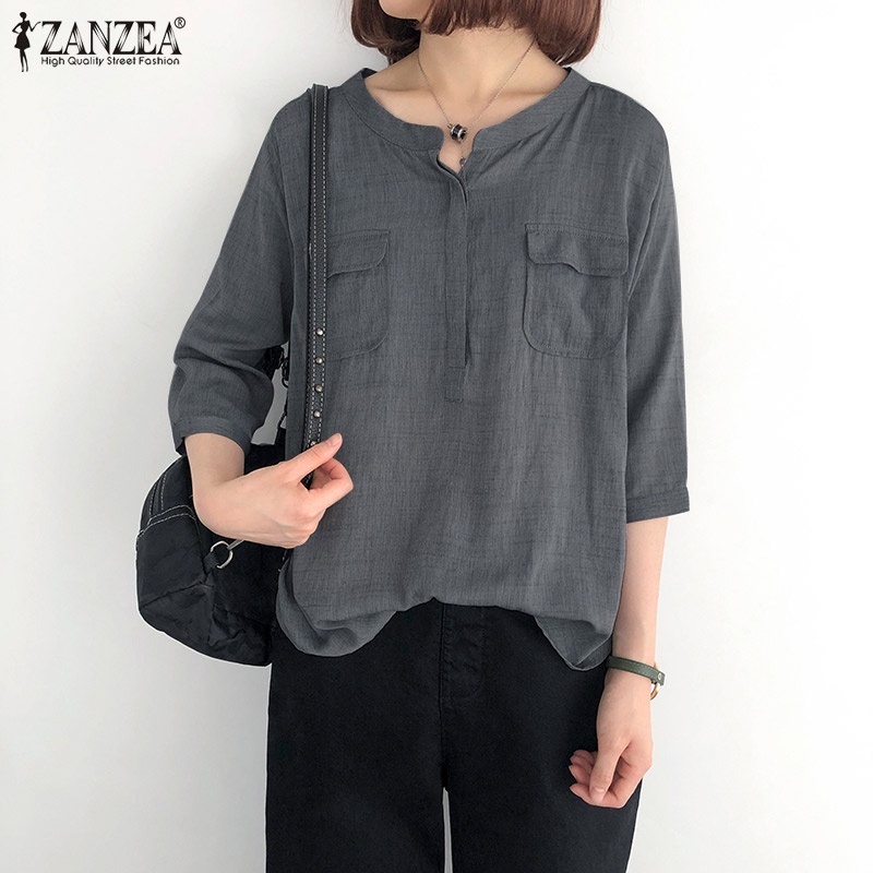 ZANZEA Áo Nữ Tay 3 / 4 Cổ Tròn Màu Trơn Phong Cách Vintage Thời Trang