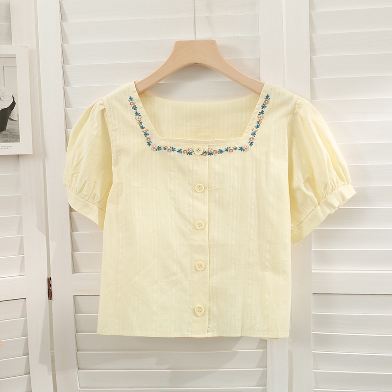 Áo sơ mi IELGY ngắn tay cổ vuông họa tiết kẻ sọc phong cách retro cho nữ