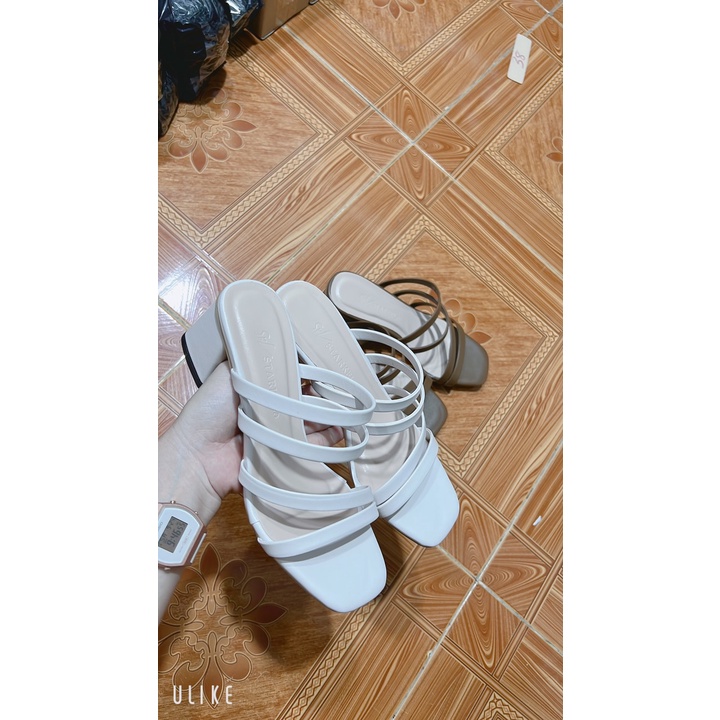 Sandal 5f gót vuông quai mảnh 2 màu đen trắng