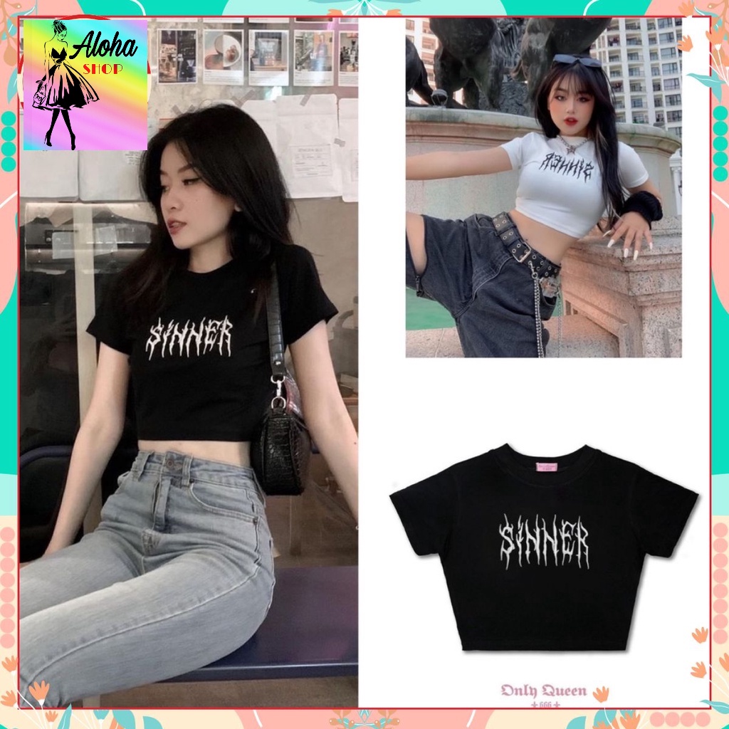 [ ẢNH THẬT ]  Áo croptop sinner alohashop91 chất bozip cotton mịn co dãn tốt, không xù, 2 màu Đen Trắng hot hit