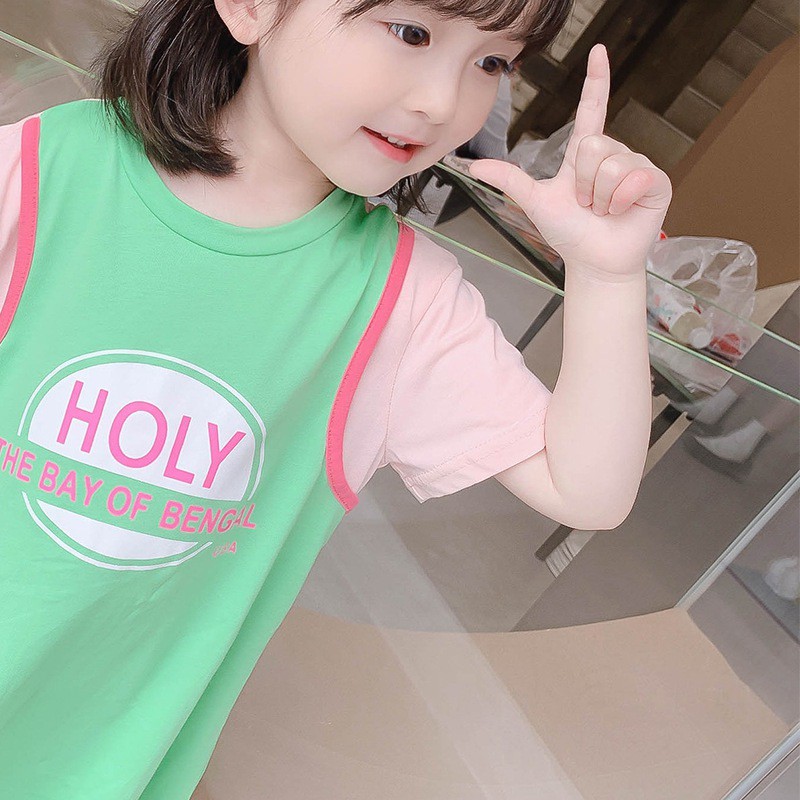 Đầm Thun Giả Hai Lớp In Chữ Phong Cách Hàn Quốc Thời Trang Mùa Hè Mới Cho Bé Gái