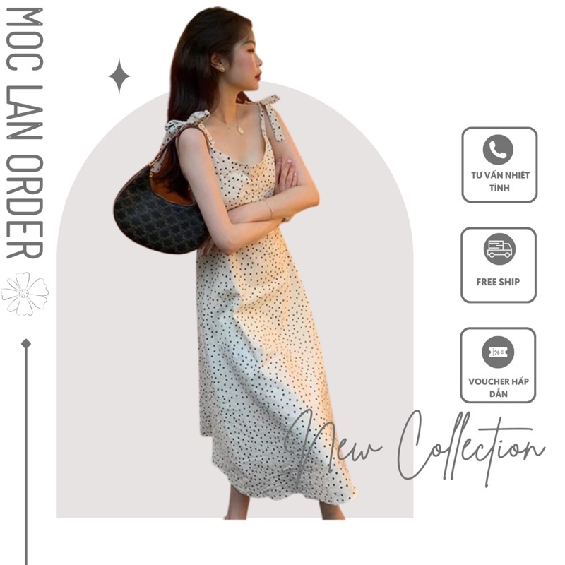 (MộcLan ORDER) Váy hai dây thắt nơ vai họa tiết chấm bi xòe dài A-line điệu đà Hàn Quốc