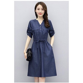 ĐẦM JEAN XOÈ EO RÚT CỔ V