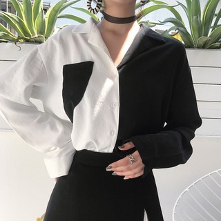 Áo sơ mi nữ trắng đen cổ vest