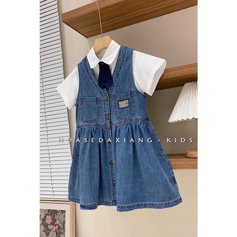 Bộ Áo Sơ Mi Tay Ngắn Và Quần Yếm Denim Thời Trang Mùa Hè Phong Cách Hàn Quốc Cho Bé Gái