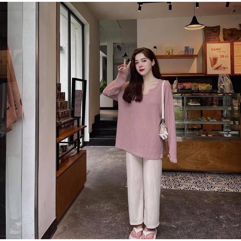Áo len xốp cổ V ( 4 màu vàng, Đen, Trắng, Hồng đất )