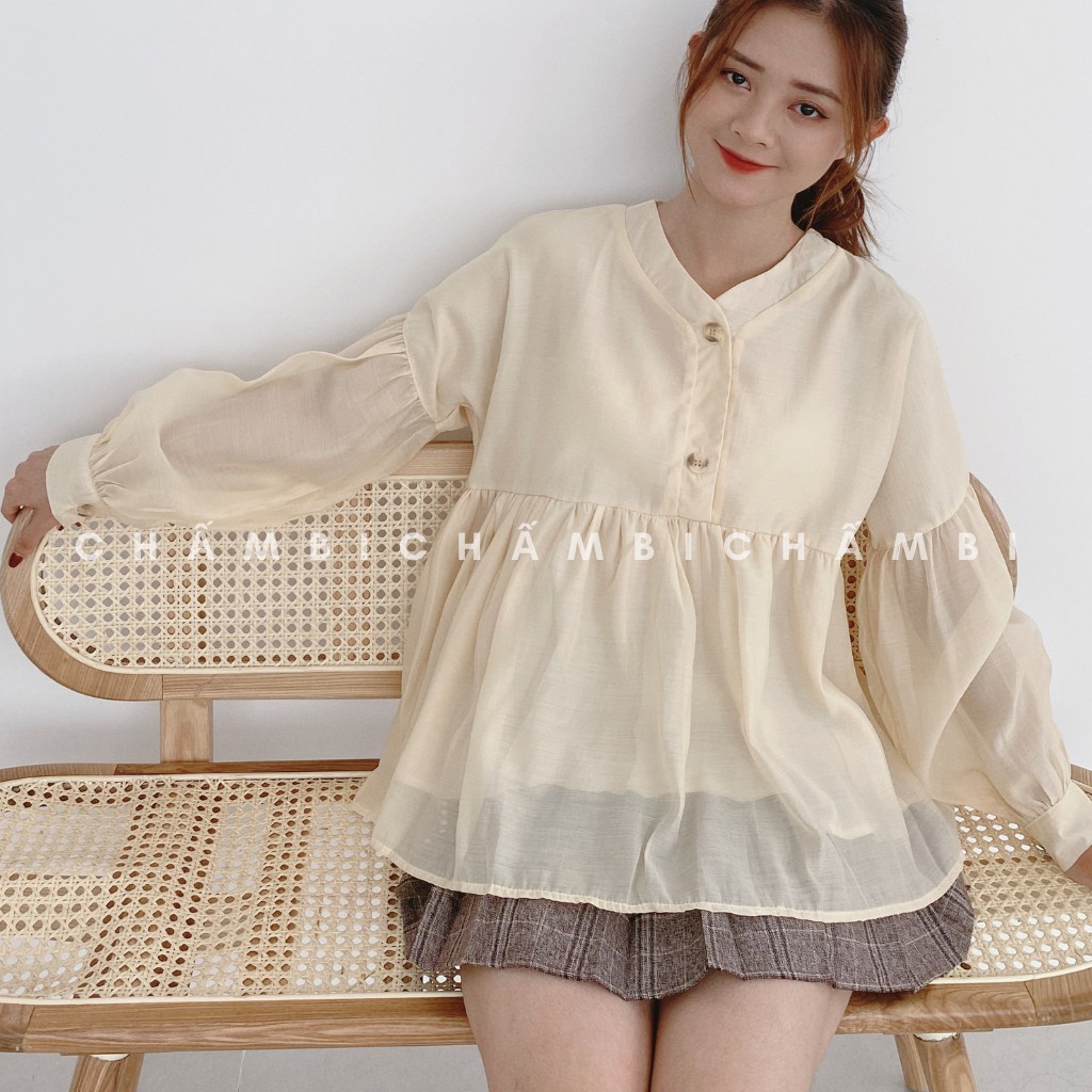 Áo Babydoll Voan Tơ 2 Lớp Tay Bồng Cúc Ngực - A.060