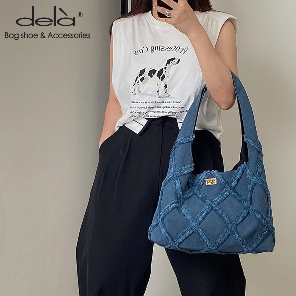 Dela Túi Đeo Vai Vải denim Kích Thước Lớn Phối Tua Rua Phong Cách Đường Phố Mới Cho Nữ