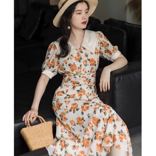 ⚡️BÁN SỈ⚡️Đầm hoa vintage màu vàng phối cổ trắng