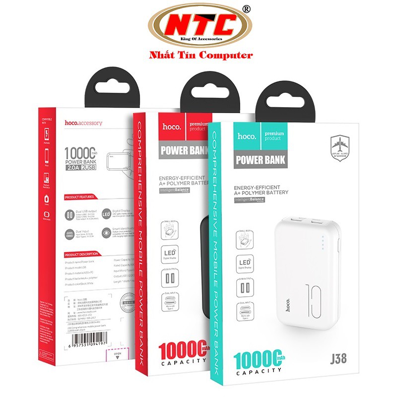 Pin sạc dự phòng Hoco J38 10000mAh - Thiết kế nhỏ gọn, 2 cổng sạc tiện lợi (2 màu) - Hàng chính hãng