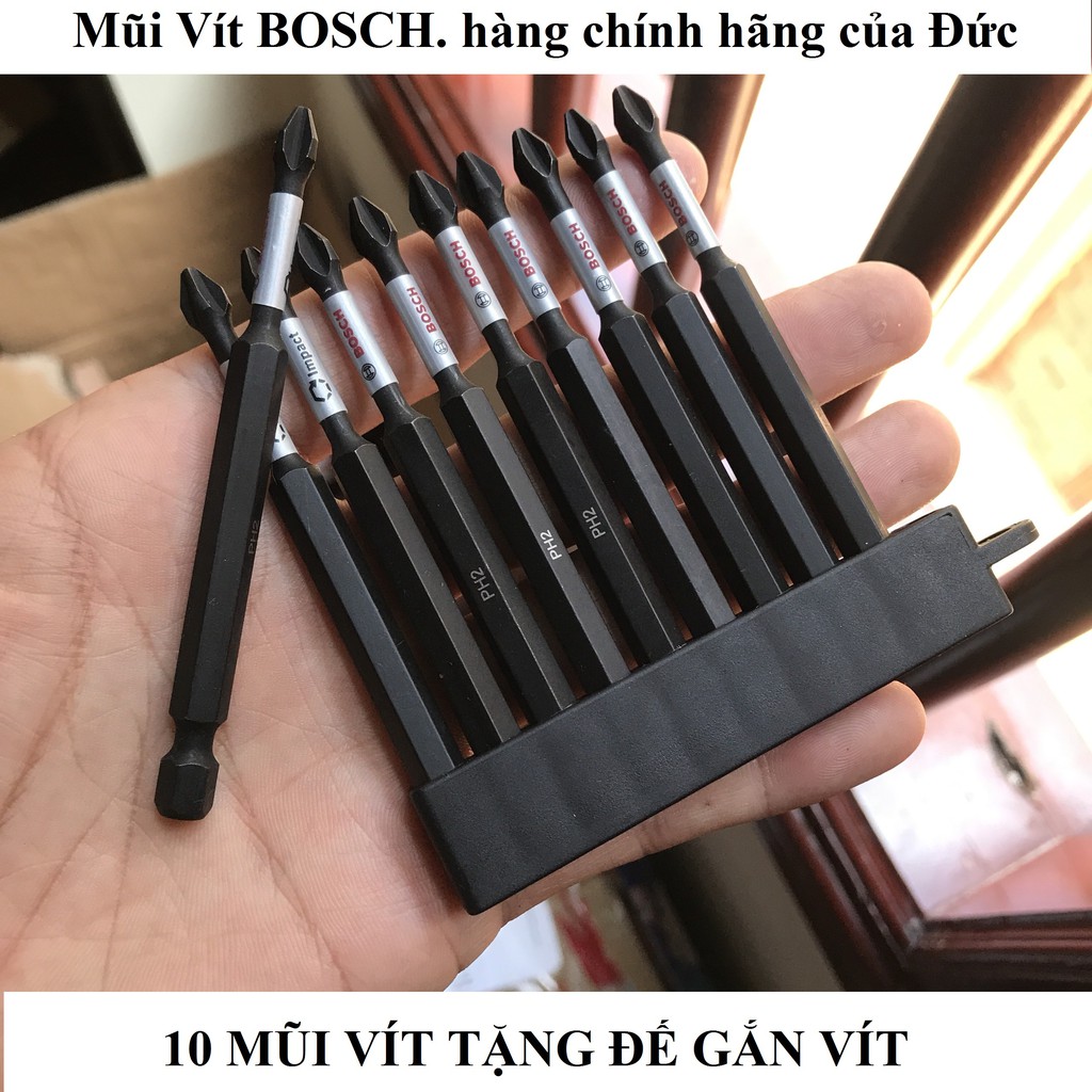 Mũi Vít Bosch hàng chính hãng Bộ 10 vít 9cm kèm đế gắn vít