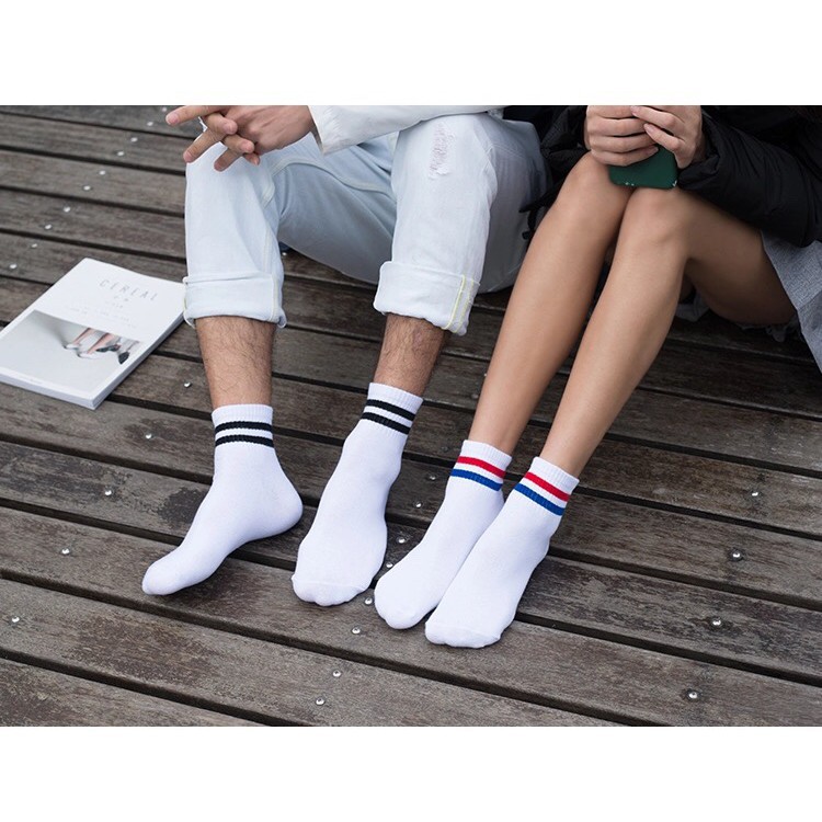 Set tất vớ cổ cao kẻ ngang nam nữ BROO màu trắng phong cách ulzzang unisex Hàn Quốc