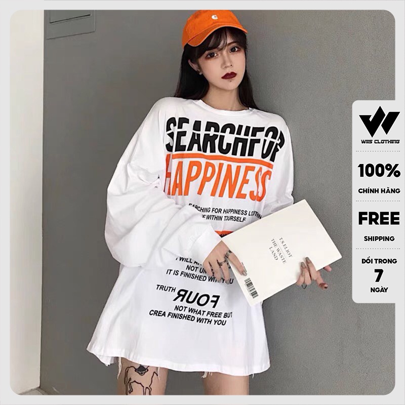 Áo thun tay dài WIIS phông unisex form rộng HAPPINES sweater nam nữ oversize ulzzang
