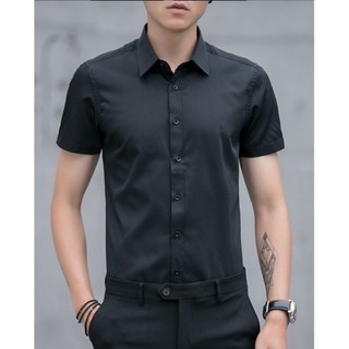 Áo Sơ mi nam đen ngắn tay form Hàn Quốc dáng ôm ,chất lụa thái co giãn nhẹ thấm hút mồ hôi, chống nhăn