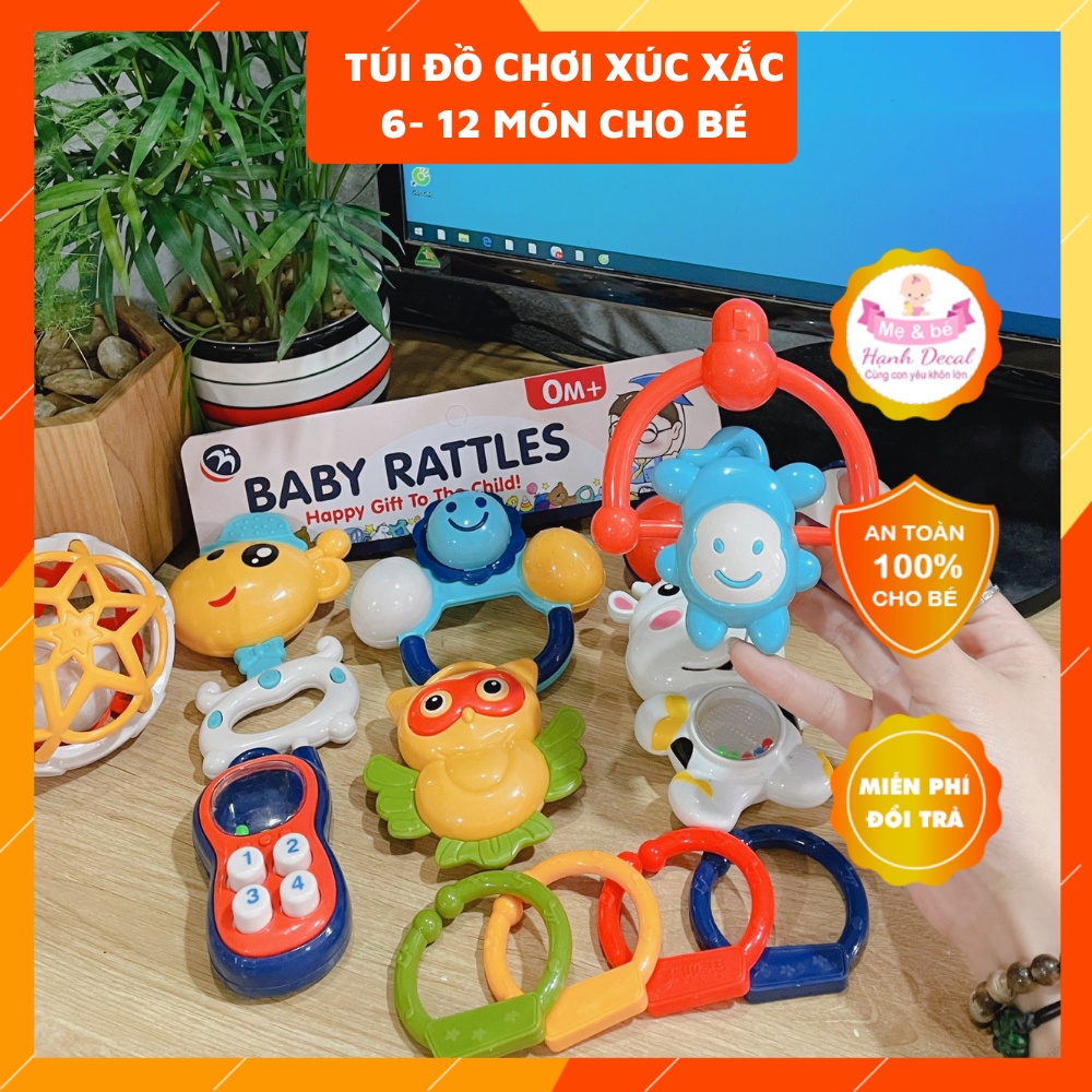 Túi đồ chơi lục lạc xúc xắc 6 đến 12 món hình thú phát tiếng kêu vui nhộn kích thích sự vận động các giác quan của bé.