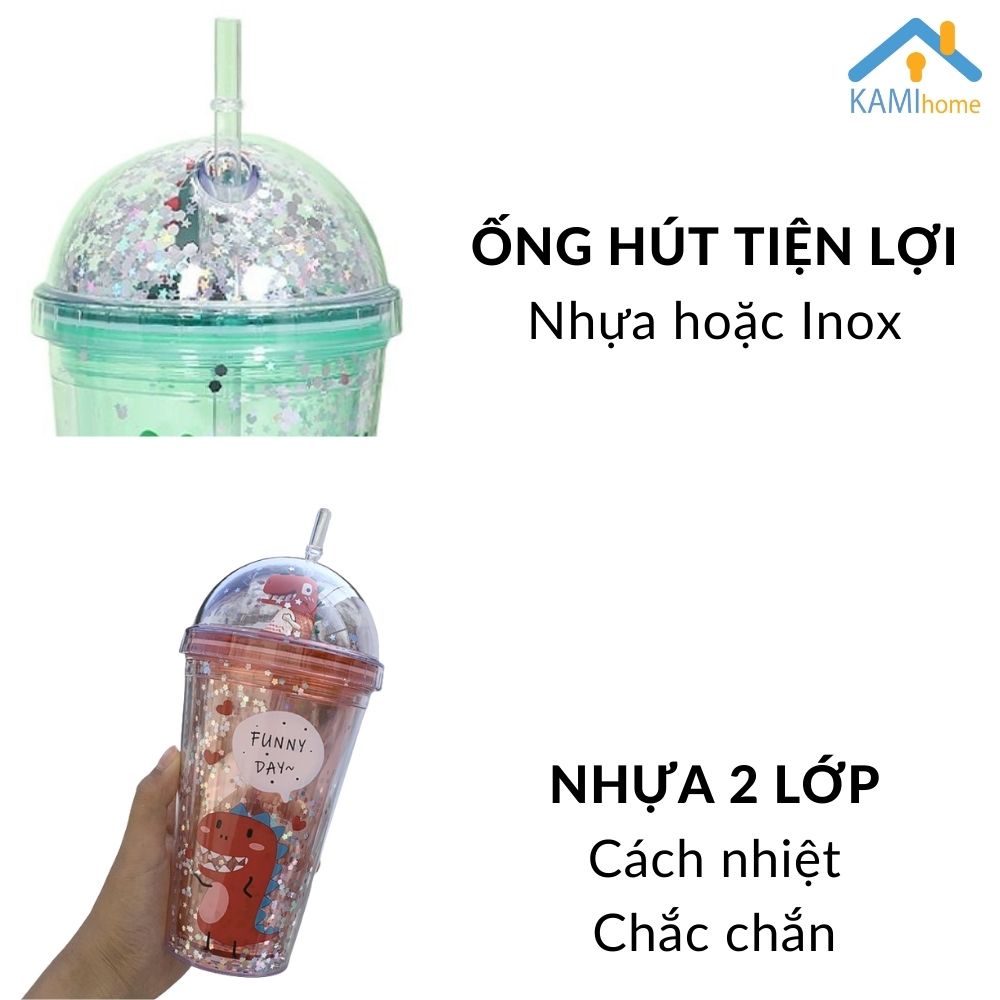 Ly nước đèn ngủ phản quang nắp có ngôi sao kim tuyến Nhựa 2 lớp cách nhiệt nóng lạnh cỡ 400ml mã 22057