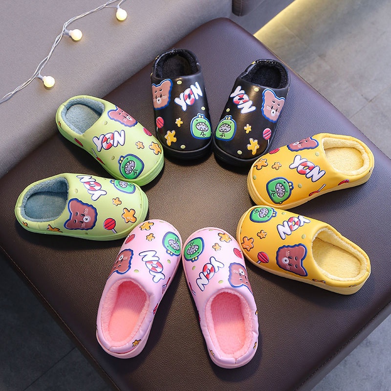 AMILA Dép Đi Trong Nhà Bằng Da PU Lót Cotton Giữ Ấm Chống Trượt Chống Thấm Nước In Hoạt Hình Dễ Thương Cho Bé
