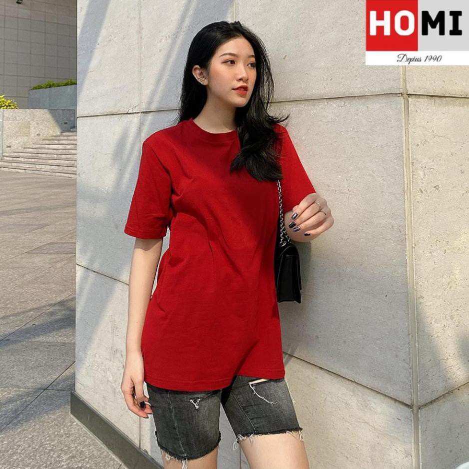 Áo Thun Basic Trơn Unisex 100% cotton, áo form nam nữ tay lỡ màu Đỏ Đô-HOMI Fashion  ྇