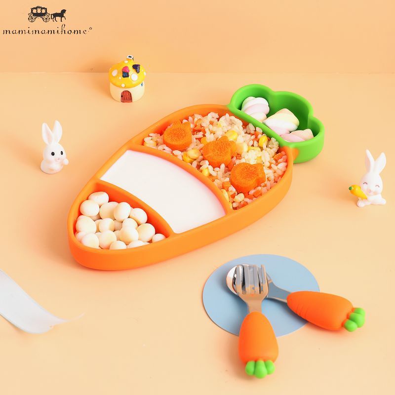 Bộ muỗng nĩa ống hút và đĩa ăn Mamimamihome silicon thiết kế kiểu cà rốt không chứa BPA dành cho trẻ em