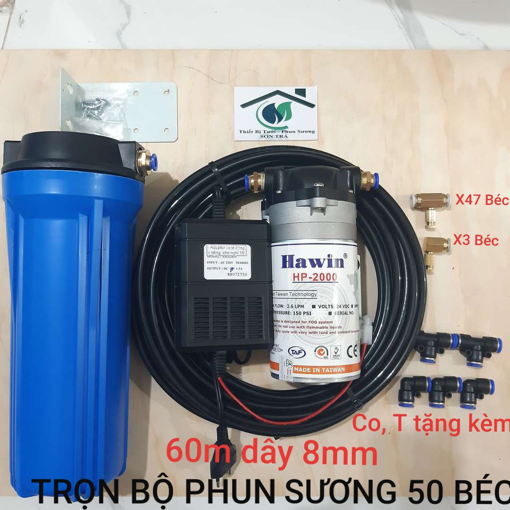 Trọn bộ phun sương làm mát quán ăn, cafe, tưới lan HP-2000 lắp từ 25-50 béc- Máy bảo hành 6 tháng