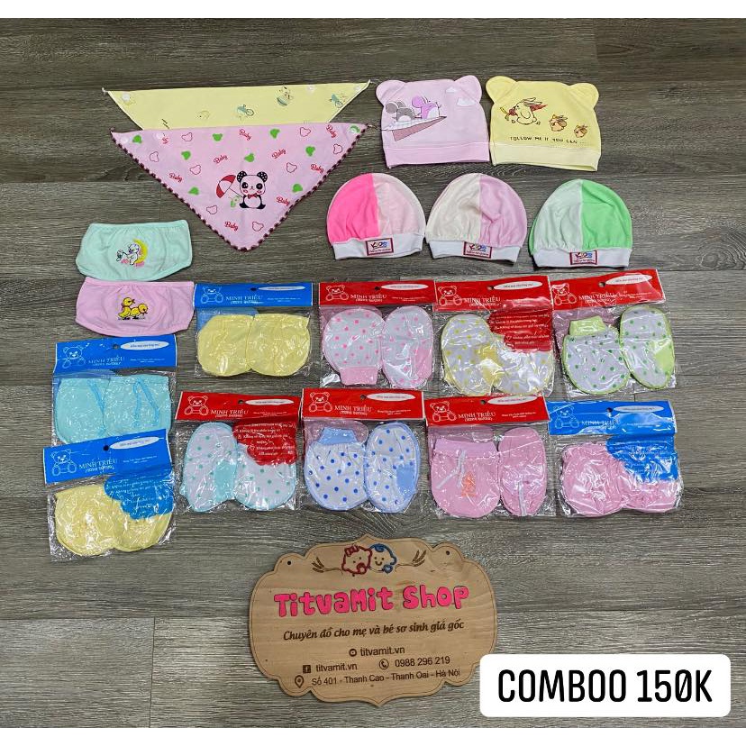 Combo bao tay bao chân mũ bé sơ sinh, combo yếm cho bé
