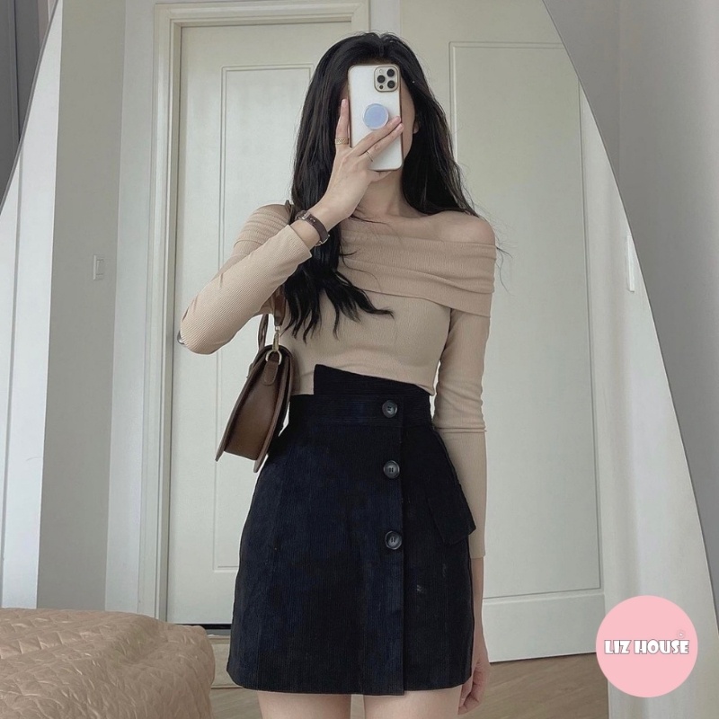 Áo thun trễ vai dài tay thu đông có Freesize hai màu đen be Lizhouse